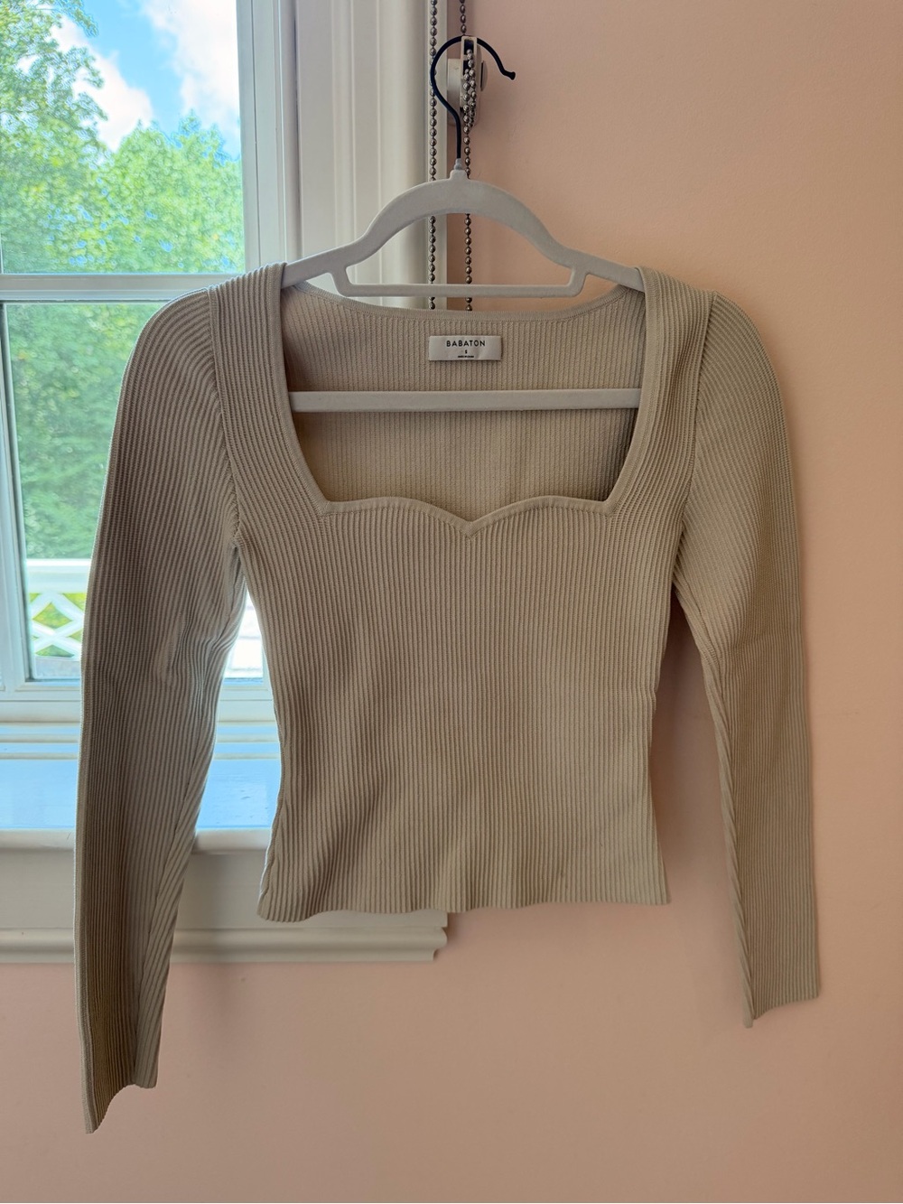 Aritzia brand Babaton Beige Ribbed Long-Sleeve Square Neck Top